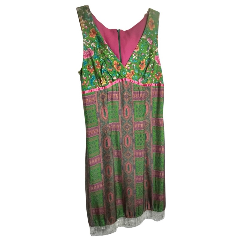 Vintage ABS Allen Schwartz Floral Green and Pink Silk Sleeveless Dress